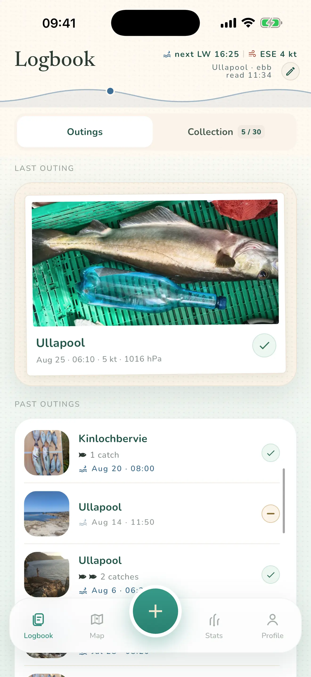 Log screen: the latest trip at Pointe du Raz, the bream photographed, its tide and its wind