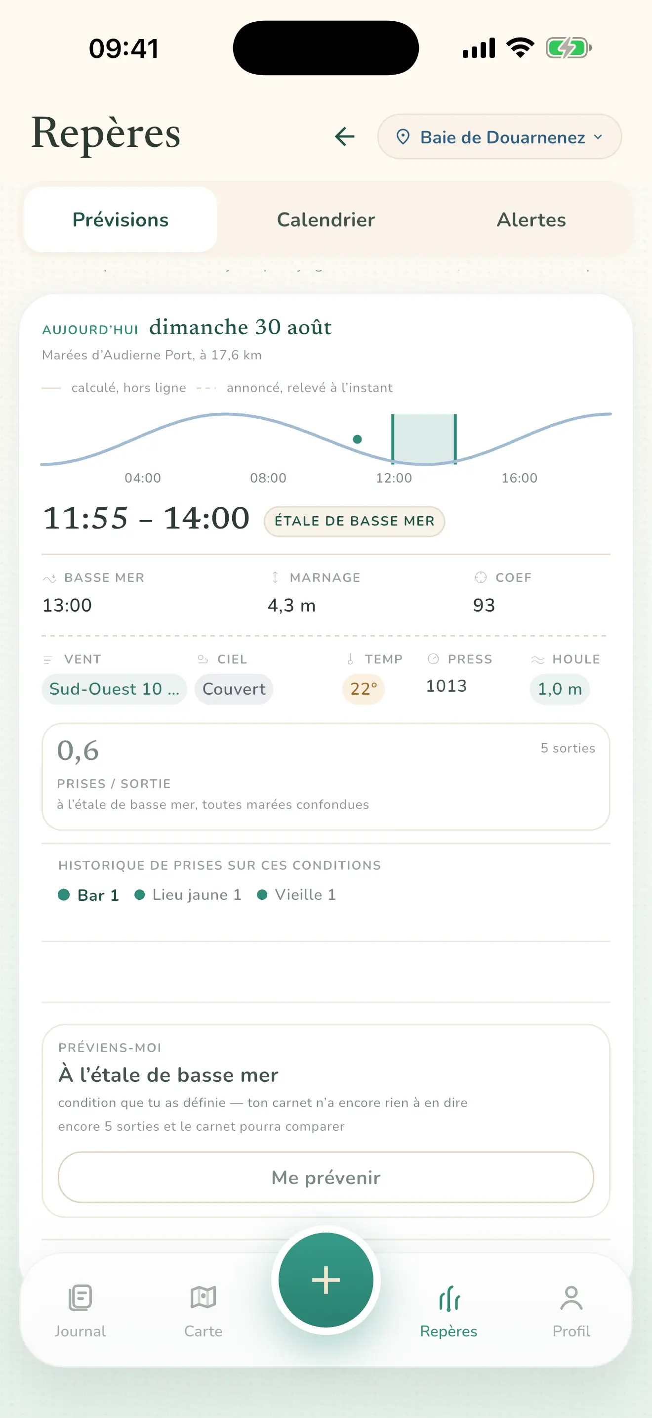 Écran Prévisions : le créneau de 11 h 25 à 13 h 25 à l’étale de basse mer, avec la courbe de marée, le relevé météo, et 0,4 prise par sortie sur 7 sorties comparées