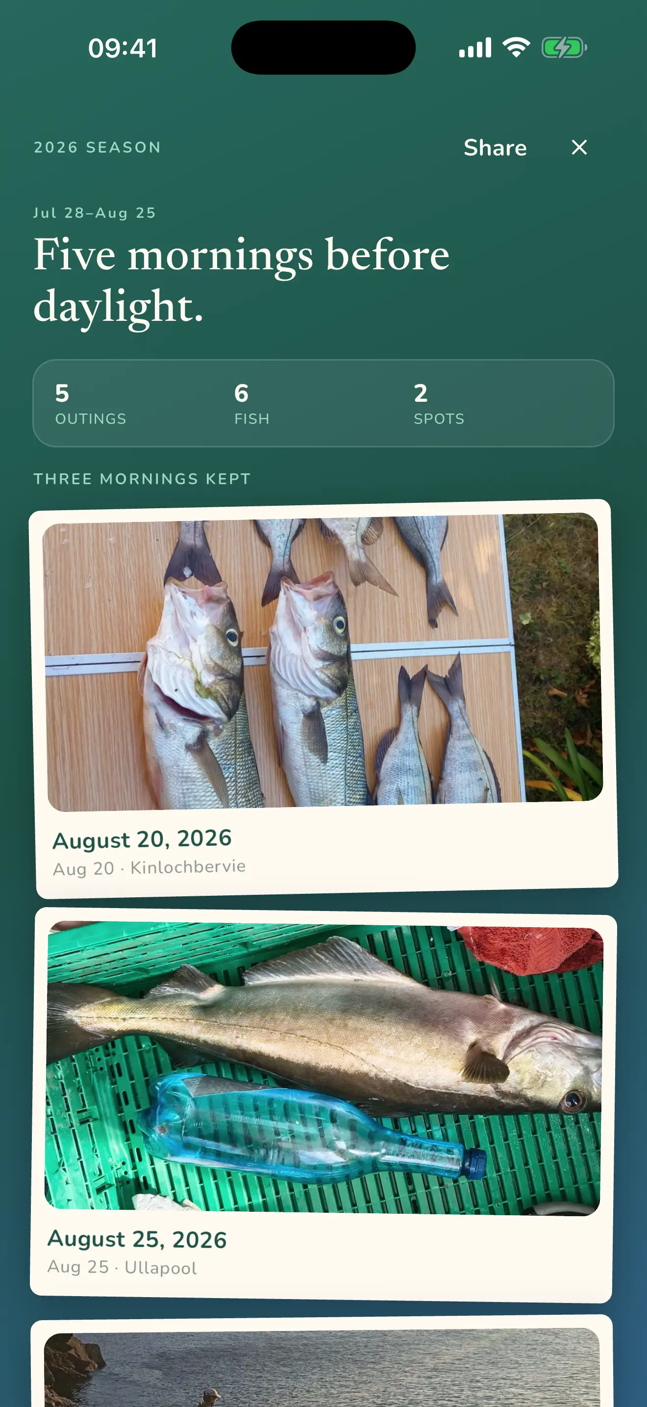 Season memory screen: five trips, eleven fish, two spots, and the photos of the three mornings kept