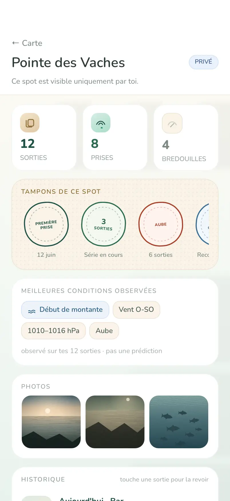 Fiche spot : historique des sorties, meilleures conditions, tampons gagnés