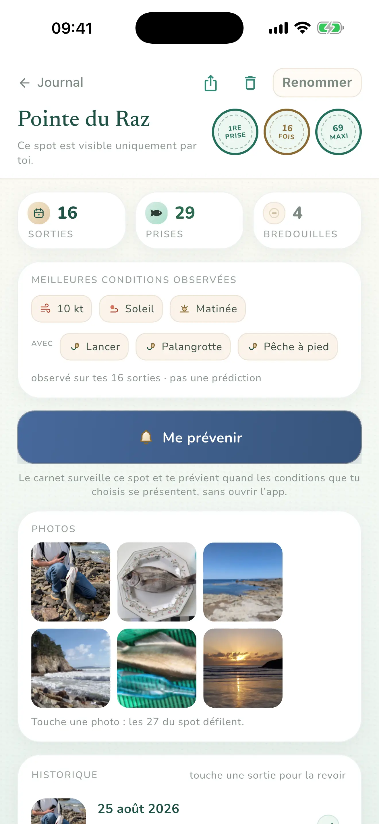 Fiche spot : seize sorties, vingt-cinq prises, les meilleures conditions observées et les photos du lieu